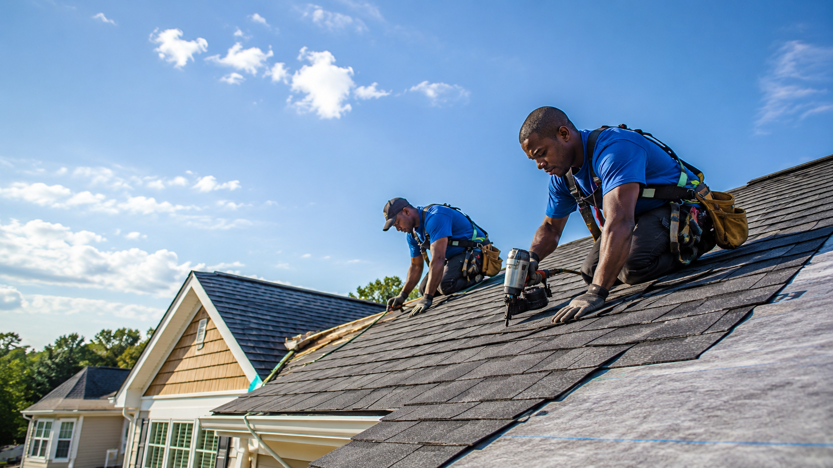 Roofers installing shingles on a residential roof